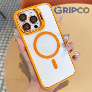 Compatible with iPhone 16 Pro Max / 15/14/ 13 Shockproof Camera Lens Protector Stand Protection Phone Case (Orange,for iPhone 16)