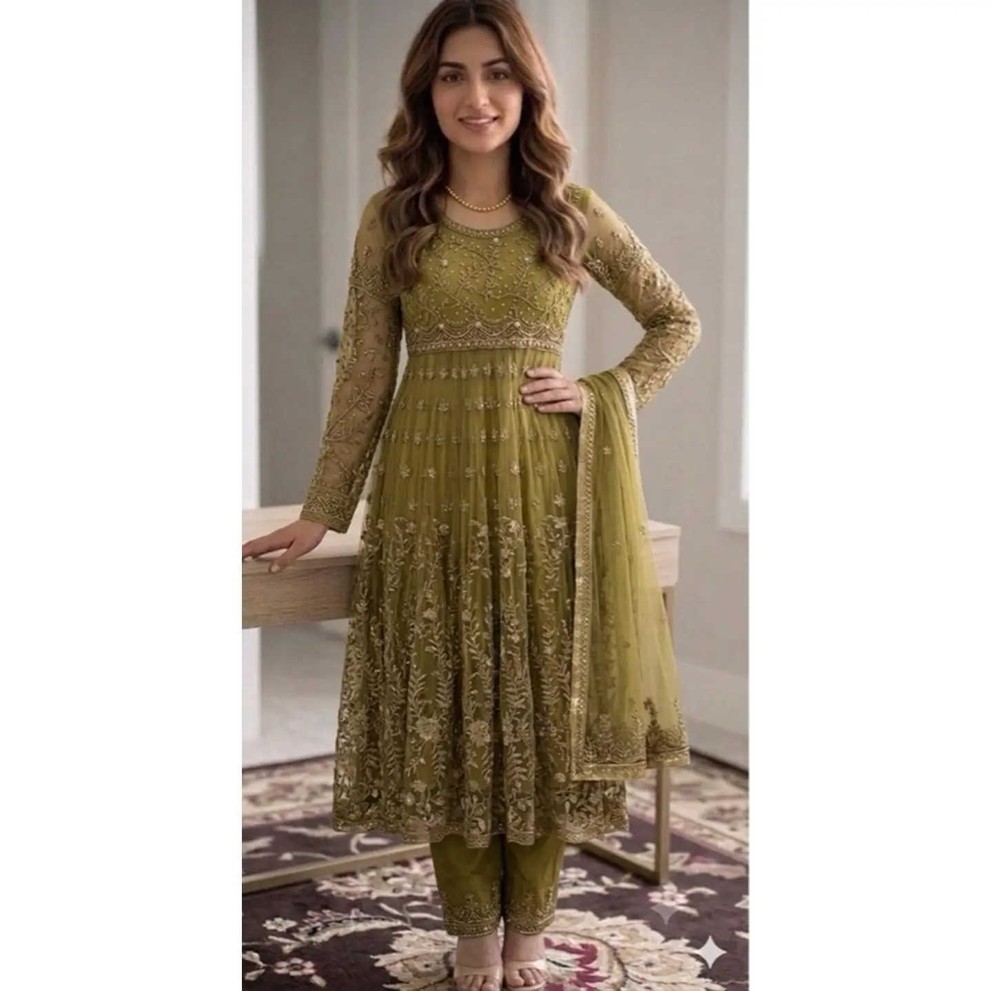 Medium Size Olive Green Embroidered Anarkali Dress with Matching Dupatta and Pants