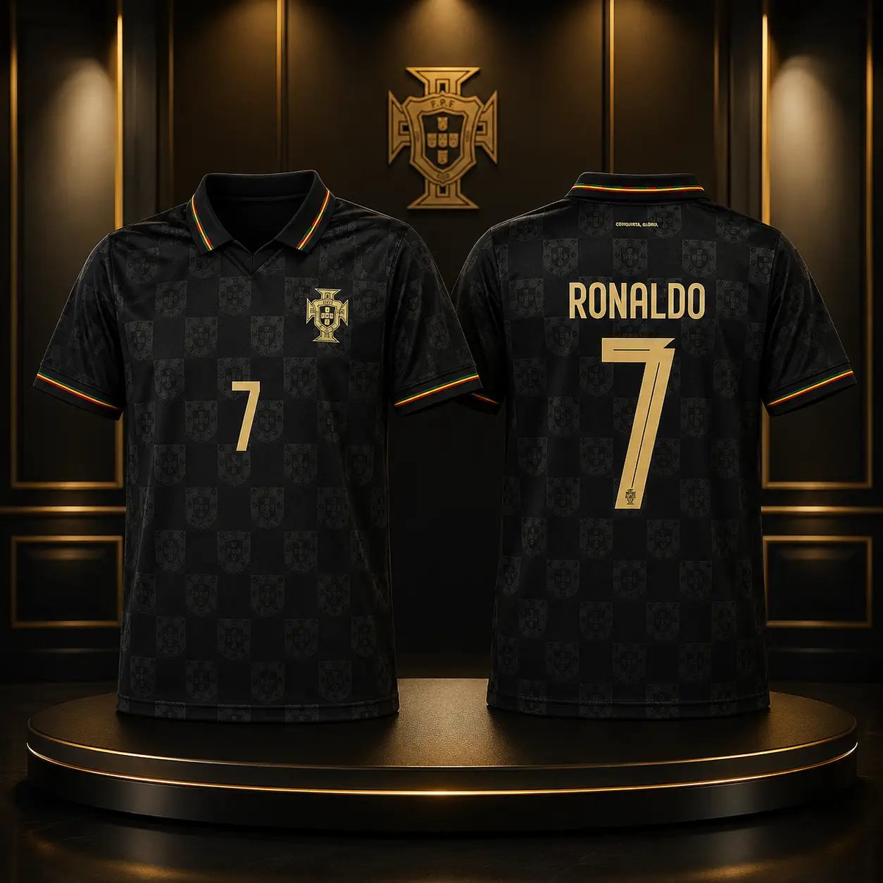 CR.7 Black Gold Checkered Soccer Jersey with Portuguese Crest and Number 7 on Back
