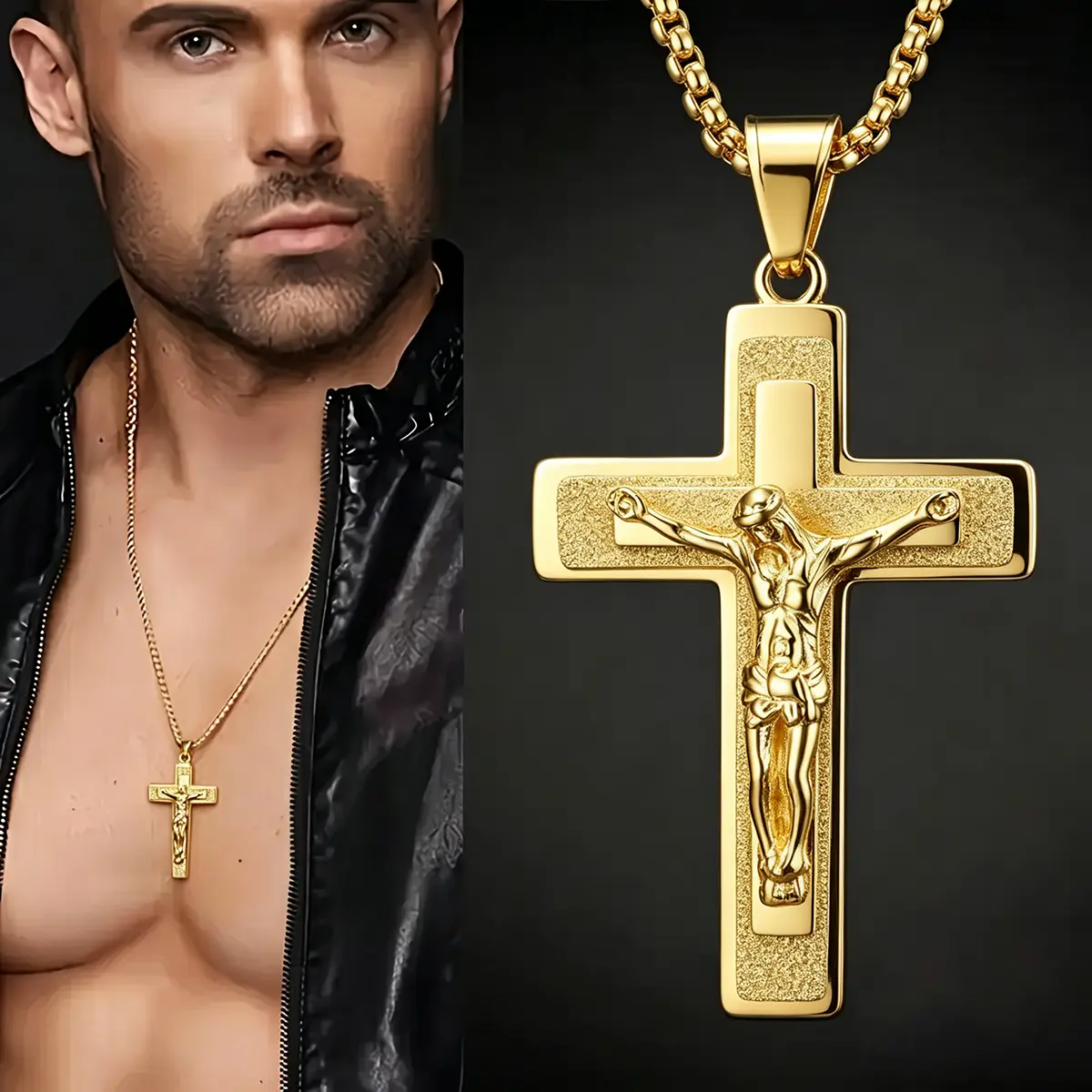 Stainless Steel Jesus Crucifix Cross Pendant Necklace with 3mm Box Chain, Christian Religious Faith Chain Jewelry Necklaces Gift for Men Women