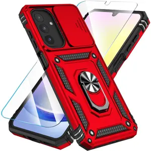 SunStory Compatible with Samsung Galaxy A17 5G Case with HD Screen Protector & Slide Camera Cover & Rotated Ring Kickstand,[Shockproof] Dual Layers Phone Case for Galaxy A17,Red