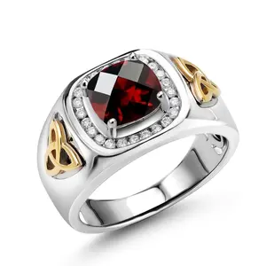 Gem Stone King Men's 925 Silver and 10K Yellow Gold Cushion Checkerboard Red Garnet and White Lab Grown Diamond Ring (2.76 Cttw, Gemstone Birthstone,)
