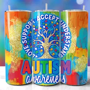 Autism Awareness Tree of Love 20 oz Stainless Steel Tumbler with Colorful Design and Message of Acceptance Support