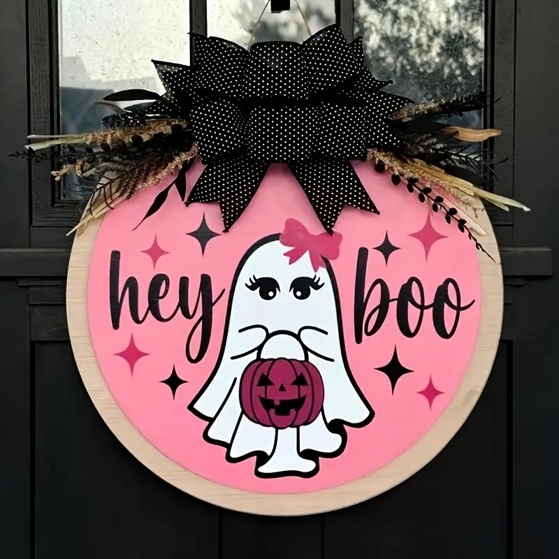 Halloween Porch Decor | Hey Boo Pink Ghost Wooden Door Hanger | Cute Rustic Farmhouse Halloween Door Sign | Halloween Front Door Decor | Festive Porch Hanging Decoration
