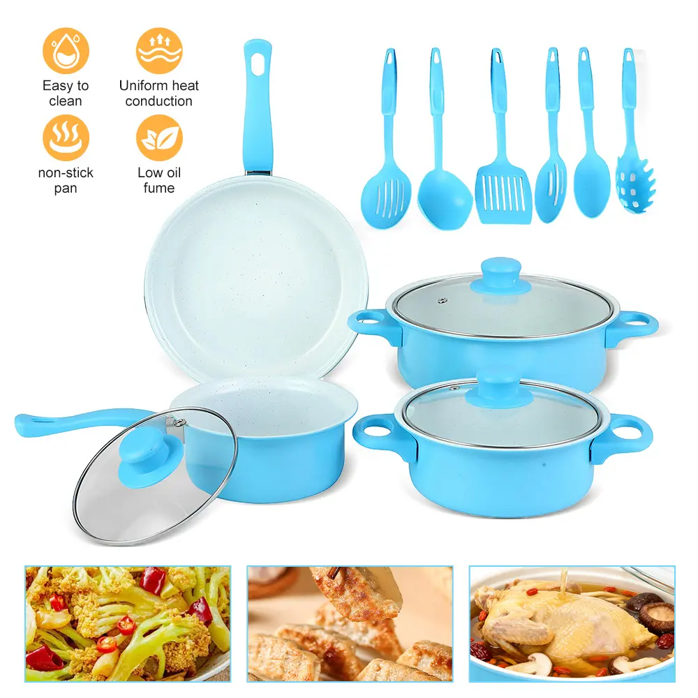13-Piece Non-Stick Cookware Set with Lids & Silicone Utensils, Light Blue Maifan-Stone Non-Toxic Coating Frying Pots & Pans, Safe Healthy Low-Oil Low-Fume Uniform Heat Conduction Easy-Clean Kitchen Collection (Back to School)