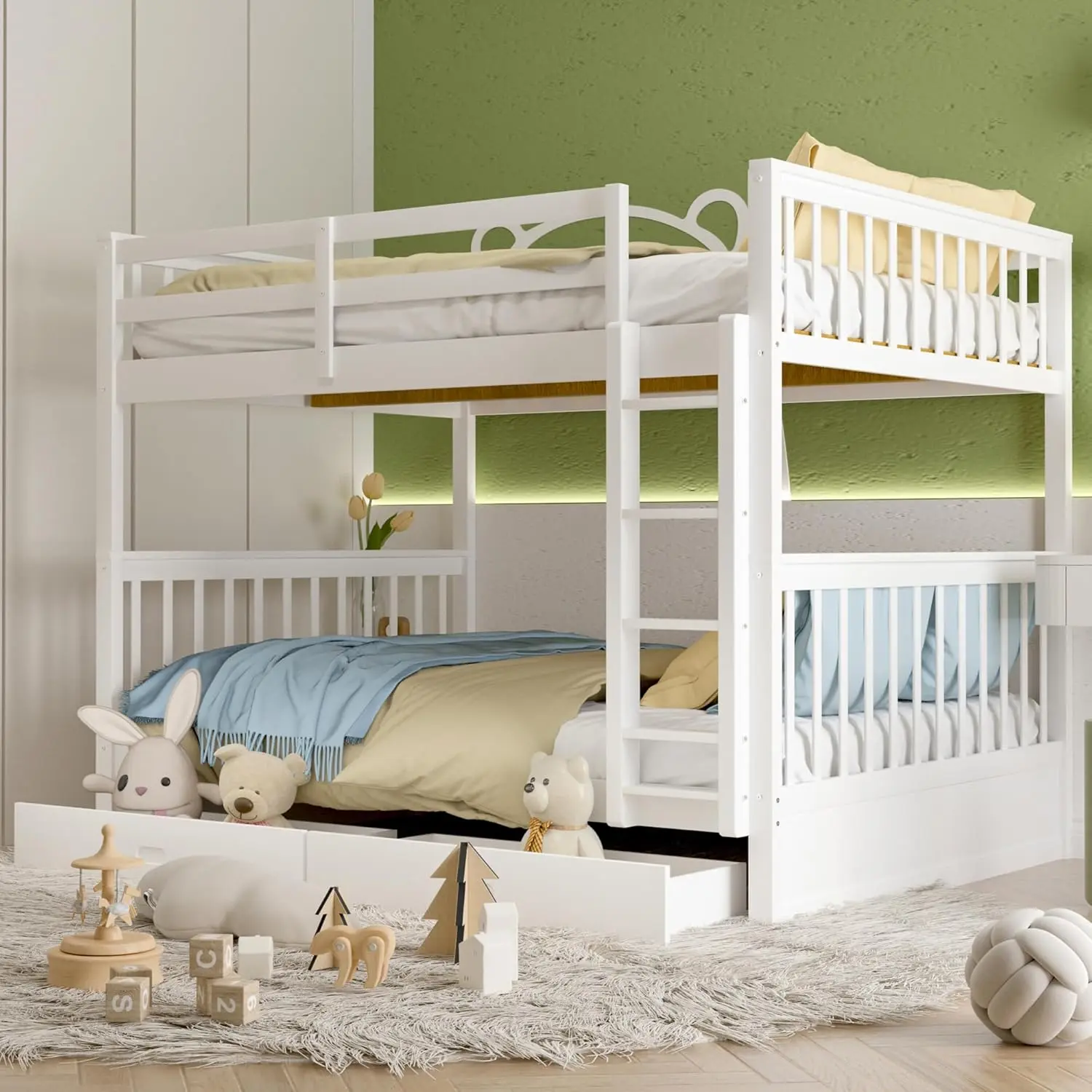 Full Over Full Size Wood Bunk Bed with Drawers,Convertible Bunk Bed with Ladders and Two Storage Drawers,Solid Wood Detachable Bed Frame with Ladders