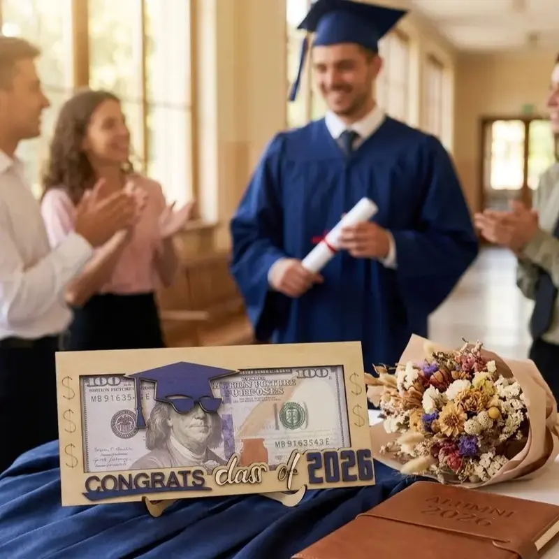 Creative Wooden Gift Holder 2026 Graduation - Unisex Free-Standing Senior Keepsake Engraved with 'Congrats Class of 2026', Graduation Cap Silhouette, Hilarious 'Cool Shades' Magic, Festive Party Supply, From Gift Table to Dorm Decor (Blue/Pink/Black)