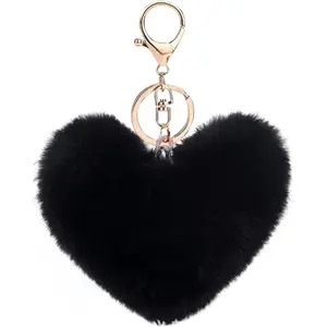Artificial Faux Rabbit Fur Keychain Fluffy Heart Plush Ball Pom Charm Key Chain Cute Car Key Decor Purse Handbag