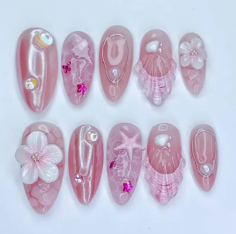 Pink Mermaid Press On Nails, Seashell 3D Gel Nails with Flowers & Starfish, Pearl Shimmer Fake Nails, Summer Beach Oval Nails,Hana Nail shop