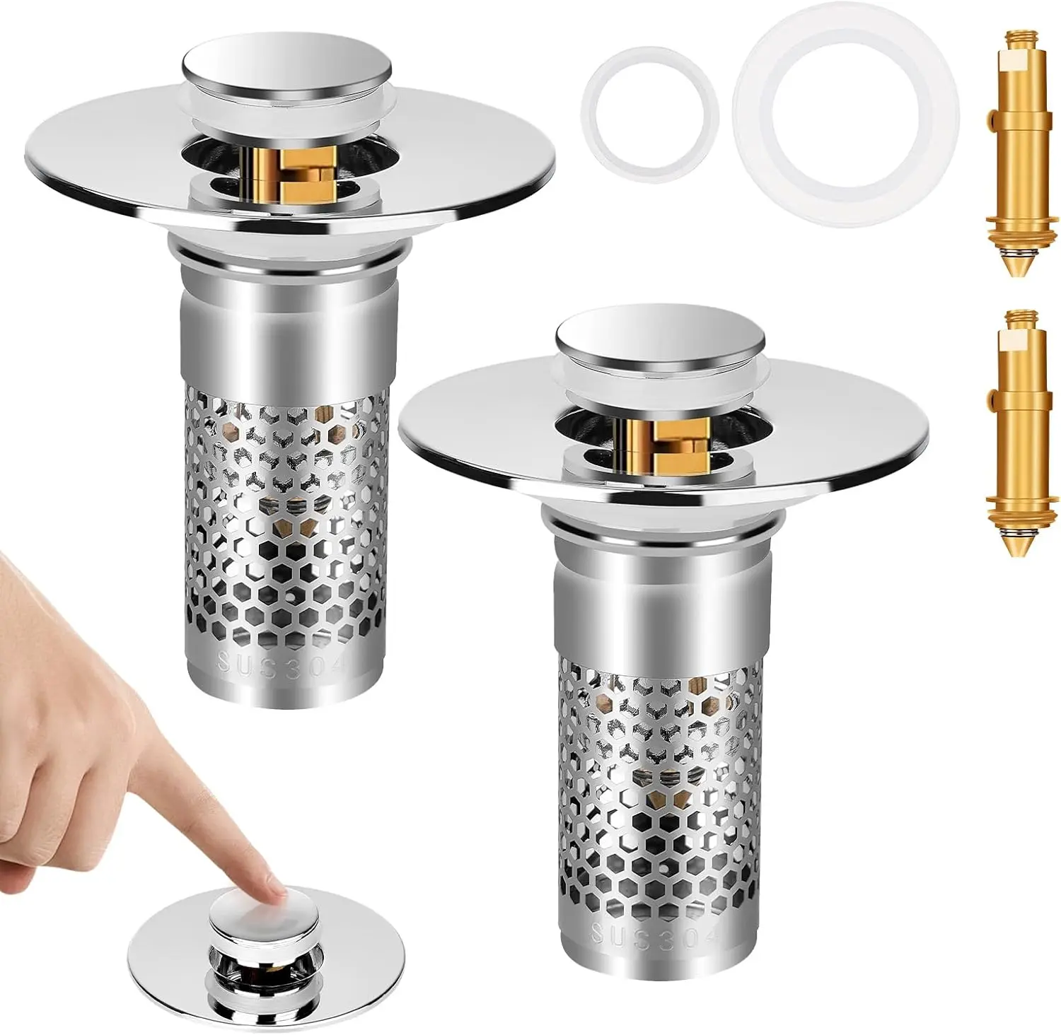 Upgrade Stainless Steel Modern Anti-Odor Bathroom Sink Stopper with Bouncing Core & Brass Pop-Up Drain Plug, Universal Bathroom Gadget Bundle with  Sink Strainer