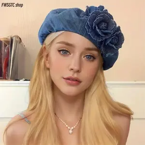 2026 New Arrival Chic Women's Denim Beret, Adorned with 3D Floral Details and Color Block Pattern, Foldable Classic Painter Hat, Versatile Accessory for Sports, Outdoor Wear, Black Friday and Christmas