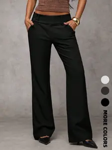 Women's Plain Pocket Elegant Casual Fitted Flare Pants, Business Casual Women's Clothing, All-Season Ladies' Apparel