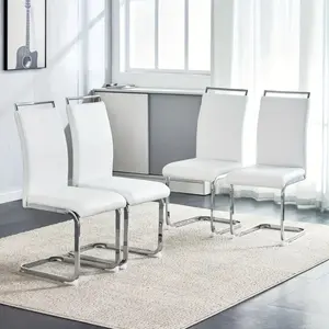 Modern White Dining Chairs with Metal Frame, Chrome Cantilever Base, Cushioned High Backs & Premium Faux Leather Upholstery - Set of 4