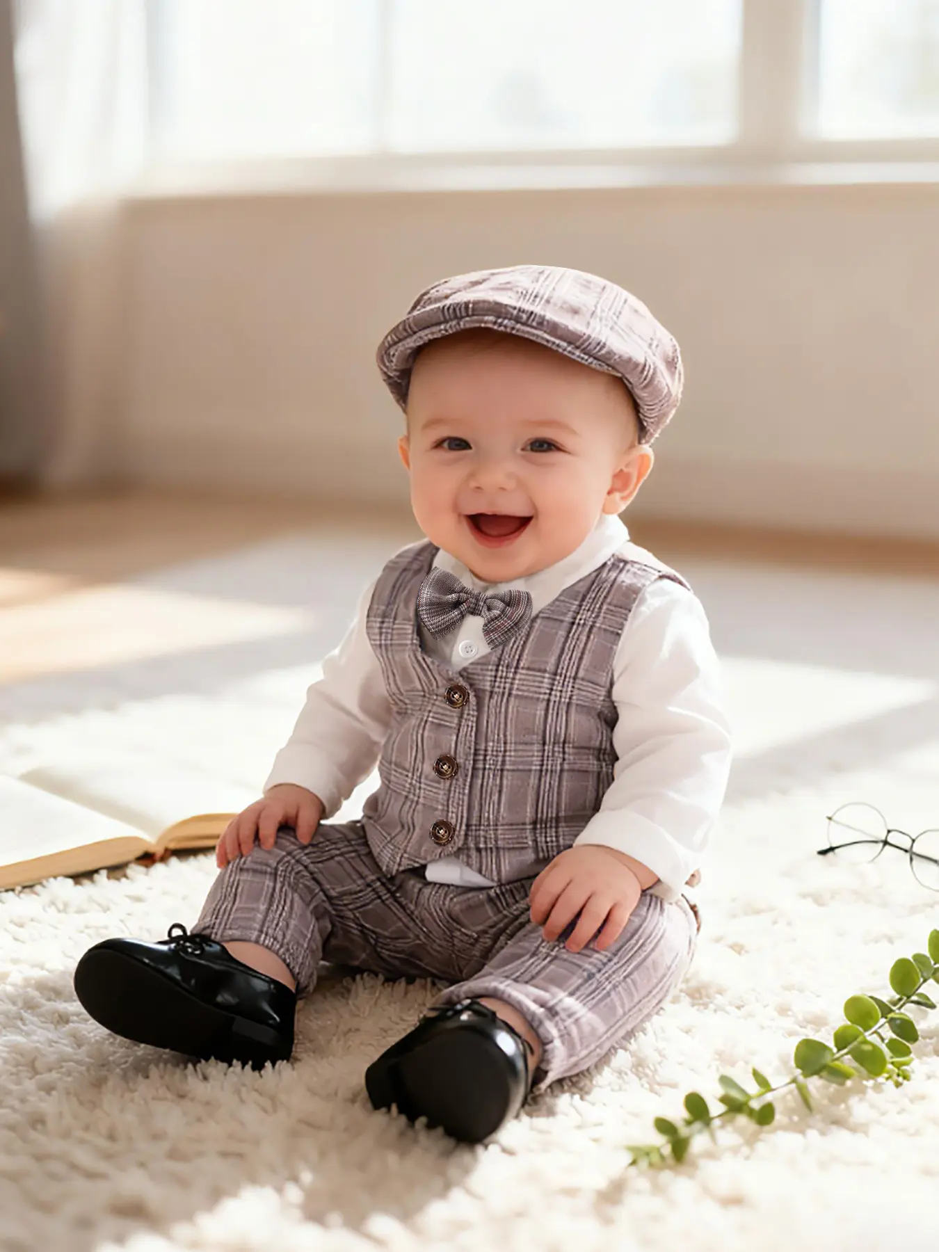 Boys' Spring & Fall British Style Gentleman Suit Set, Bow Tie Shirt + Plaid Vest + Pants + Hat, Baby Birthday Party, Costume