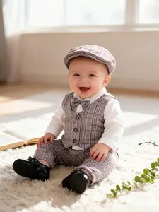 Boys' Spring & Fall British Style Gentleman Suit Set, Bow Tie Shirt + Gingham Pattern Plaid Vest + Pants + Hat, Baby Birthday Party, Special Gift Set