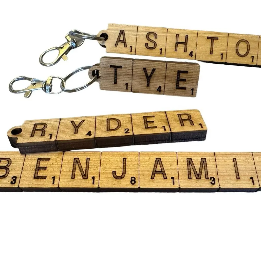 Name Tile Keychain Customized Engraved and Cut from Reclaimed Wood