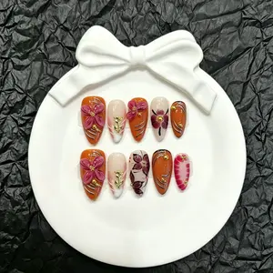 Trending Retro Orange 3D Flower Gold Accent Almond Acrylic Press-on Nails |   Handmade Crystal Decor, Reusable Handmade Wearable Armor, Persistent Live Shooting, Handmade Press Nails, Gel X Acrylic Set, Removable Reusable Fake Nails