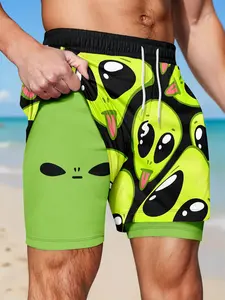 Fluorescent Alien Print Double-Layer Beach Shorts, Trendy Fun Quick-Dry Men's Shorts, Drawstring Waist, Fitted Style, Drawstring Swim Shorts