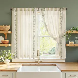 Small Window Curtains 45 Inch Length Linen Cafe Curtains for Kitchen Bathroom Bordered Floral Embroidered Short Drapes Rustic Farmhouse Light Filtering Curtain Set 2 Panels Green on Beige