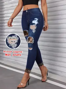 Women's Printed Leggings, Non-Denim Fabric, Stretchy Tight-Fitting Everyday Yoga Pants, Casual Faux Distressed Jeans Style Long Trousers