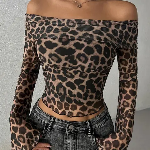 Women's Leopard Print T-Shirt, Sexy One-Shoulder Long Sleeve, Fashion Slim-Fit Bell Sleeve, Streetwear Gothic Top, Casual Ladies' Clothing