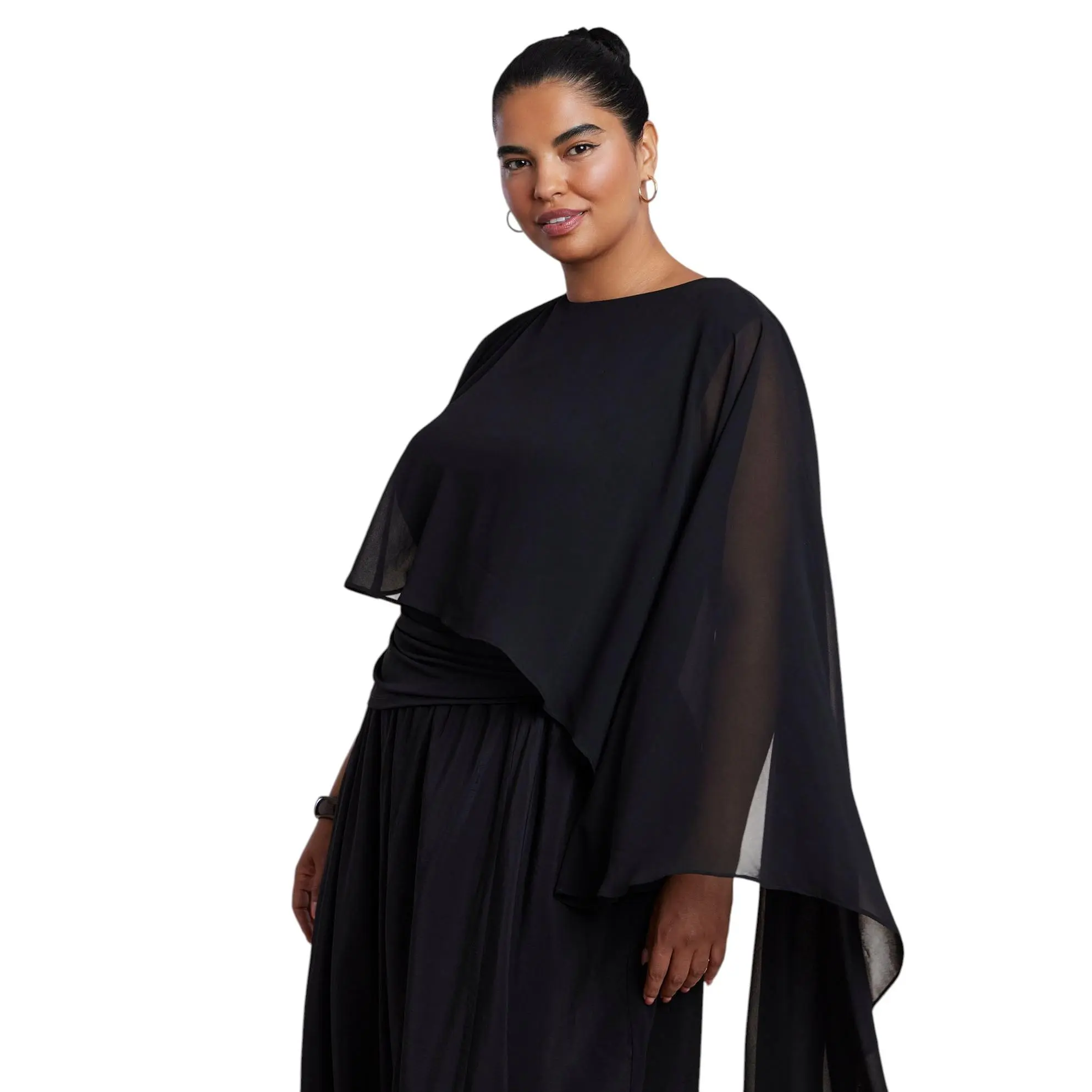 ELOQUII Women's Plus Size Asymmetric Top With Chiffon Cape
