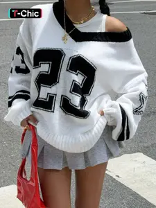 Unisex V-Neck Knit Pullover with Star and Number 23 Pattern, Casual Loose-Fitting Sweater for Spring & Fall, Comfortable and Stylish, Street Casual Jumper