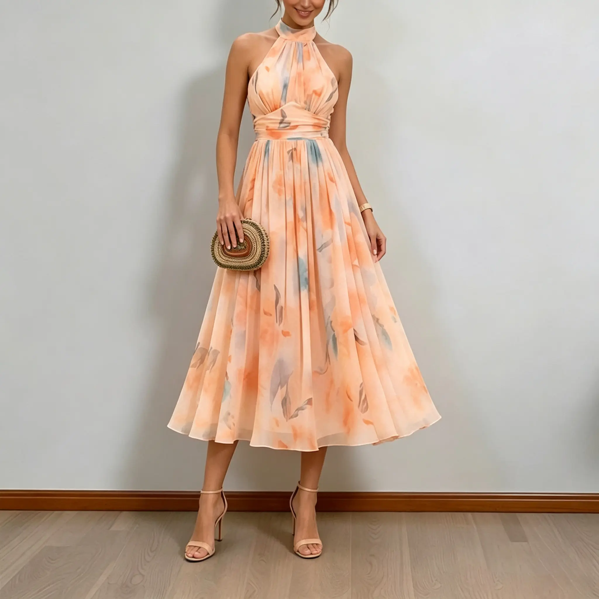 `2026 Summer Watercolor Floral Midi Dress Women Halter Neck Tie Open Back High Waist Flowy A Line Chiffon Elegant Vacation Wedding Guest Dress`