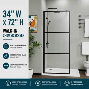34" W x 72" H Walk-in Shower Screen, Full-Frame Black Aluminum, 5mm Clear Tempered Glass, Adjustable Support Bar, Open Entry Shower Panel