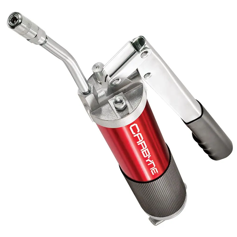Carbyne Grease Gun - Lever Handle, Heavy Duty Professional Quality, Anodized Aluminum Barrel. 12 inch Hose and 6 inch Rigid Ext, 3-Way Loading