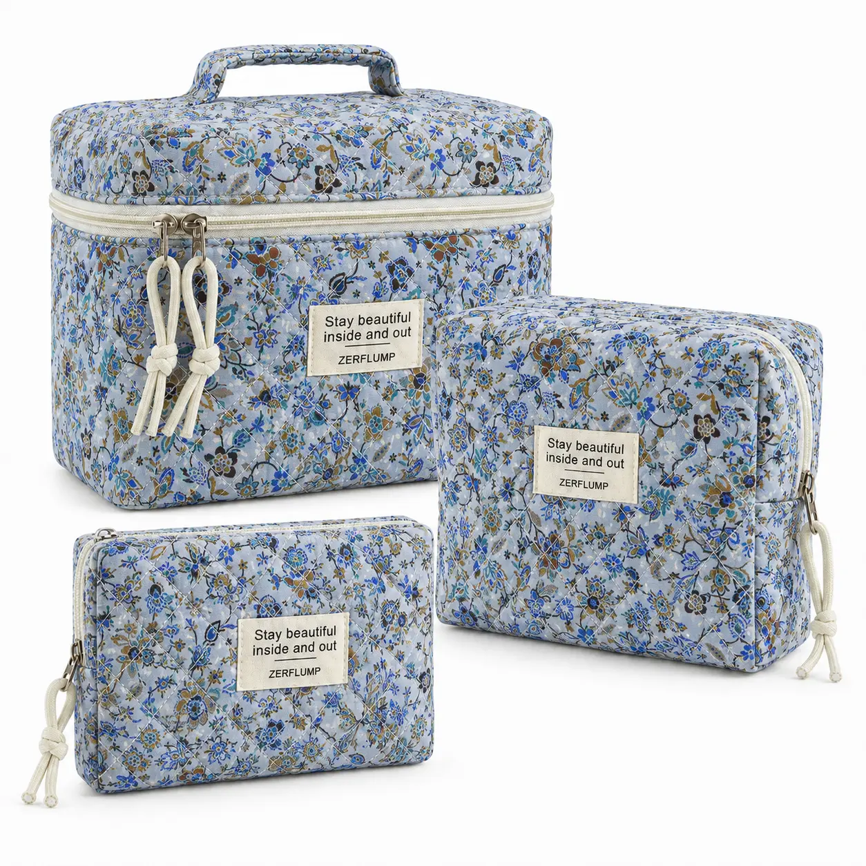 ZERFLUMP Cute 3-Piece Multi-Function Makeup Bag Set, Soft Fabric Travel Cosmetic Organizer with Flower-Print Zipper Vanity Case and Handle-Equipped Pouches