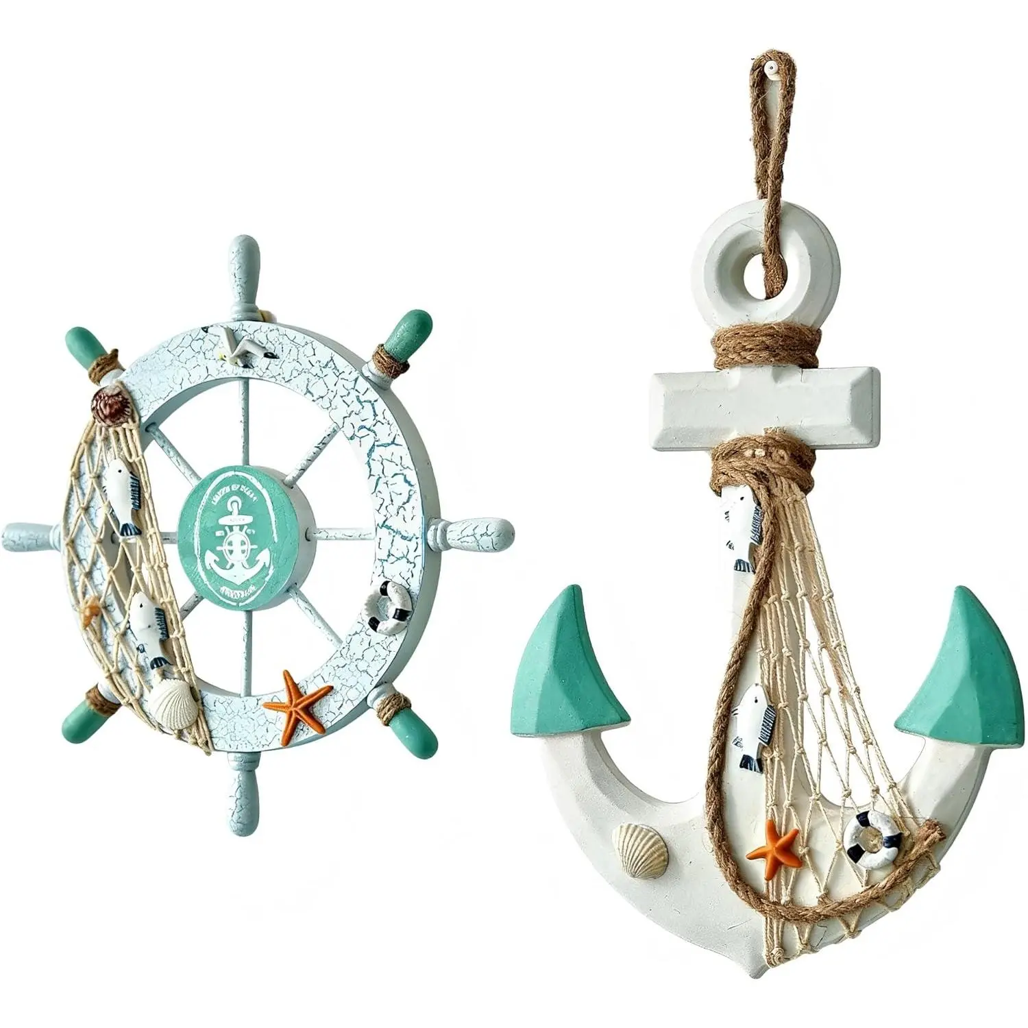 Jsdzsm Nautical Wall Decor 2-piece set, 11inch (approx. 27.9cm ) wooden ship wheels and 13inch (approx. 33.0cm ) rope anchors, coastal farmhouse beach wall art for living room, seaside villa home decor, nautical bathroom decor, outdoor beach decor