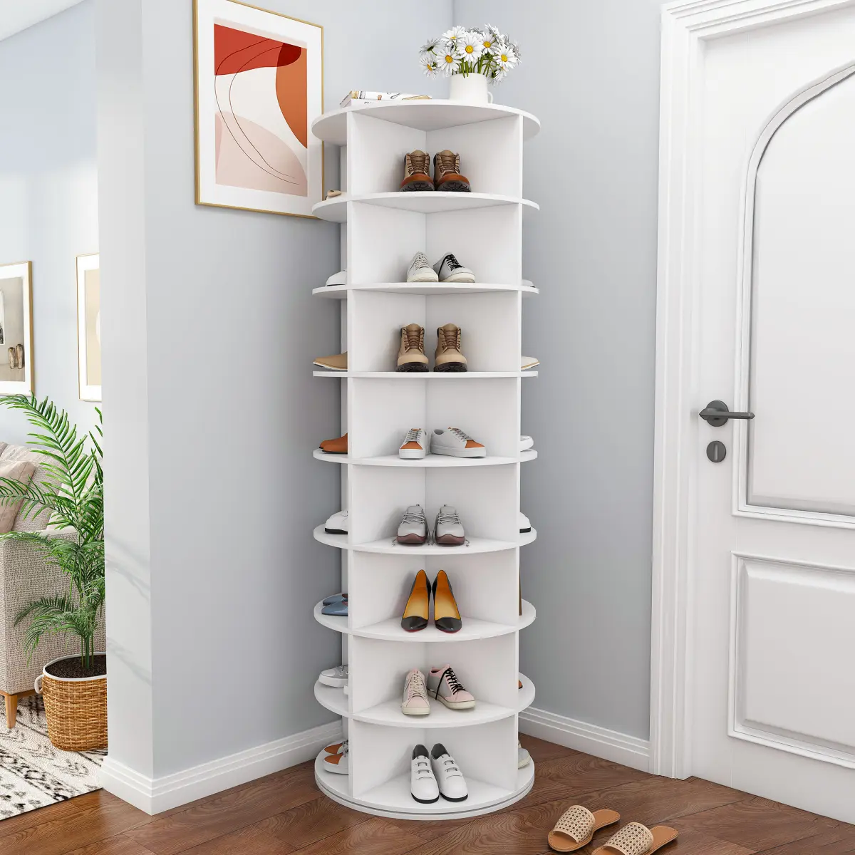 Rotating Shoe Rack Tower, 7/8-Tier Spinning Storage Rack, Free Standing 360° Revolving Shoe Organizer, Holds 32 Pairs of Shoes, White