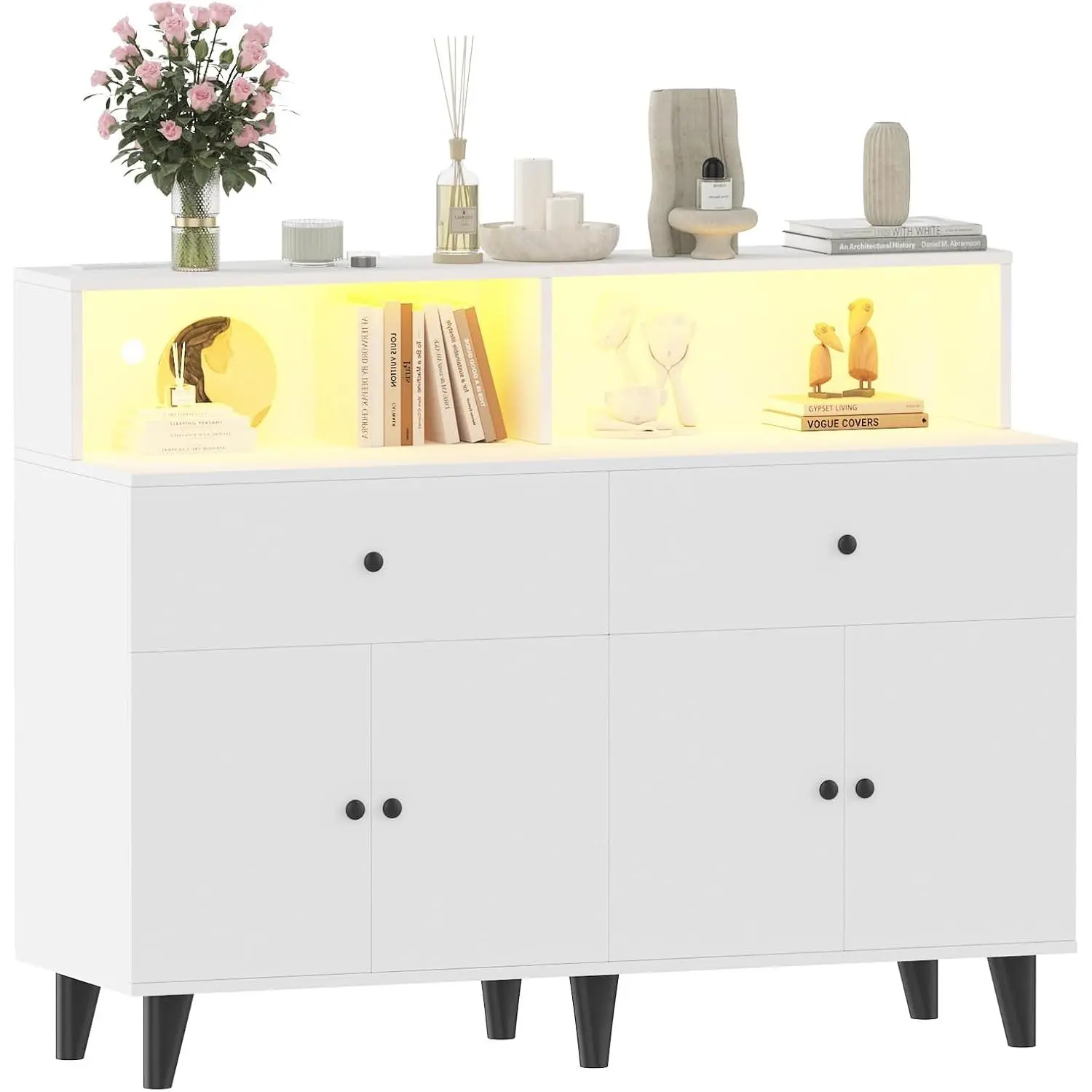 White Large Storage with 6 Drawers and Shelves, Mid Century Modern White Dresser for Dining Room, Wood Credenza Coffee Bar Station for Kitchen, Living Room