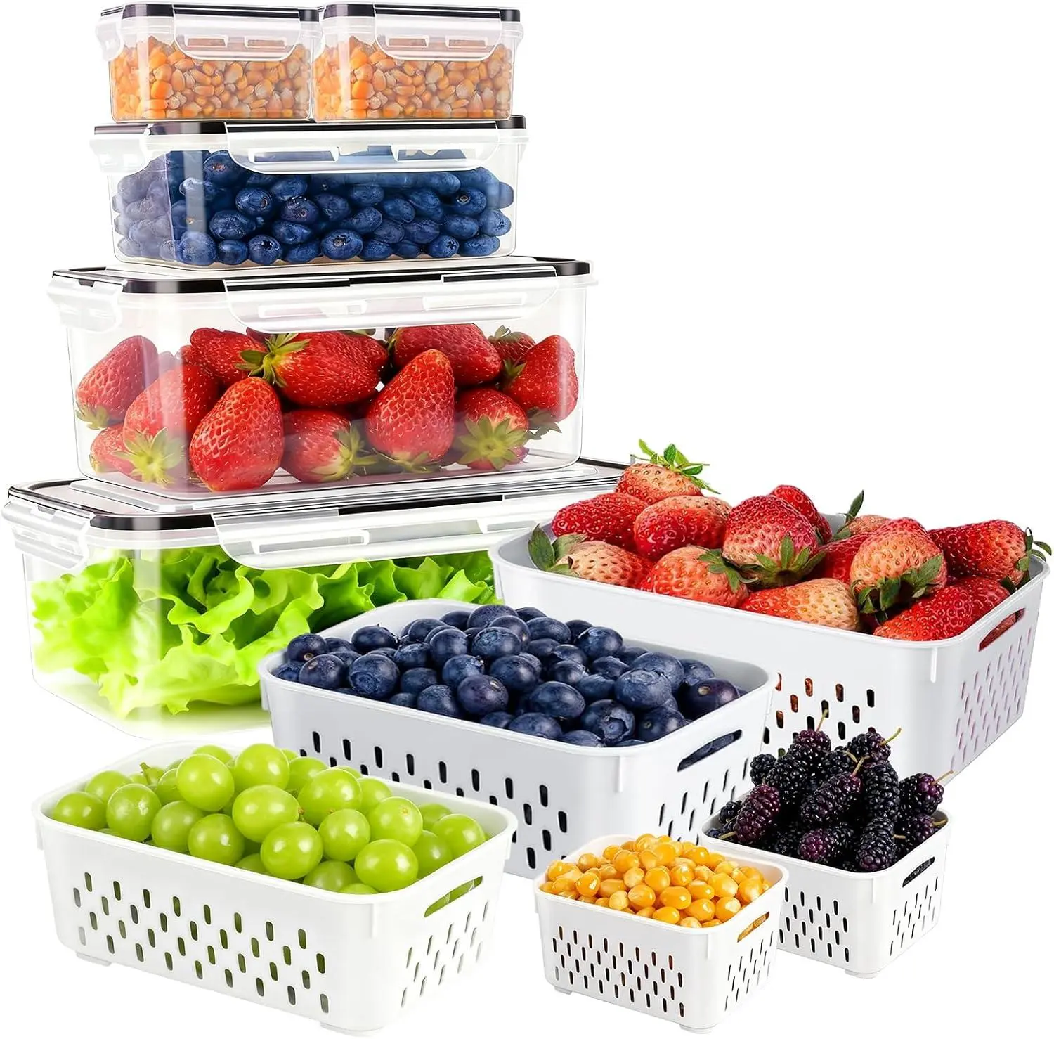 KUK 5 Pack Fruit Storage Containers for Fridge, Leakproof Food Containers with Removable Colander, Berry Containers for Fridge BPA Free Produce Saver Keep Vegetables Berry Meat Fresh Longer (5)