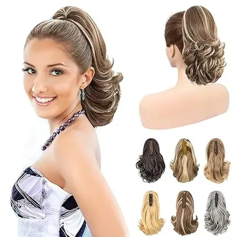 LuxeHair 11 Inches Classic Loose Curly Claw Clip In Ponytail Extension Short Wavy Ponytail for Women Heat Resistant Synthetic Fibers Damage Free- Multi Color Available, Hair Extensions, Blonde Wavy Synthetic Extensions & Pieces
