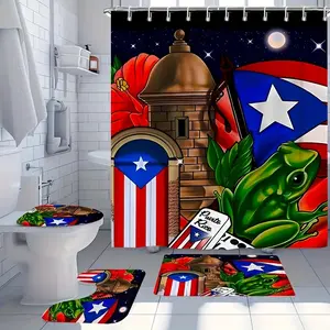 1/4pcs Creative Puerto Rico And Tree Frog Print Complete Bathroom Set, Bathroom Decor And Accessories, Room Decor, Bathroom Divider, Easy to Clean And Care, Including Non-slip Bath Mat, U-Shaped Rug, Shower Curtain with 12 Durable Hooks