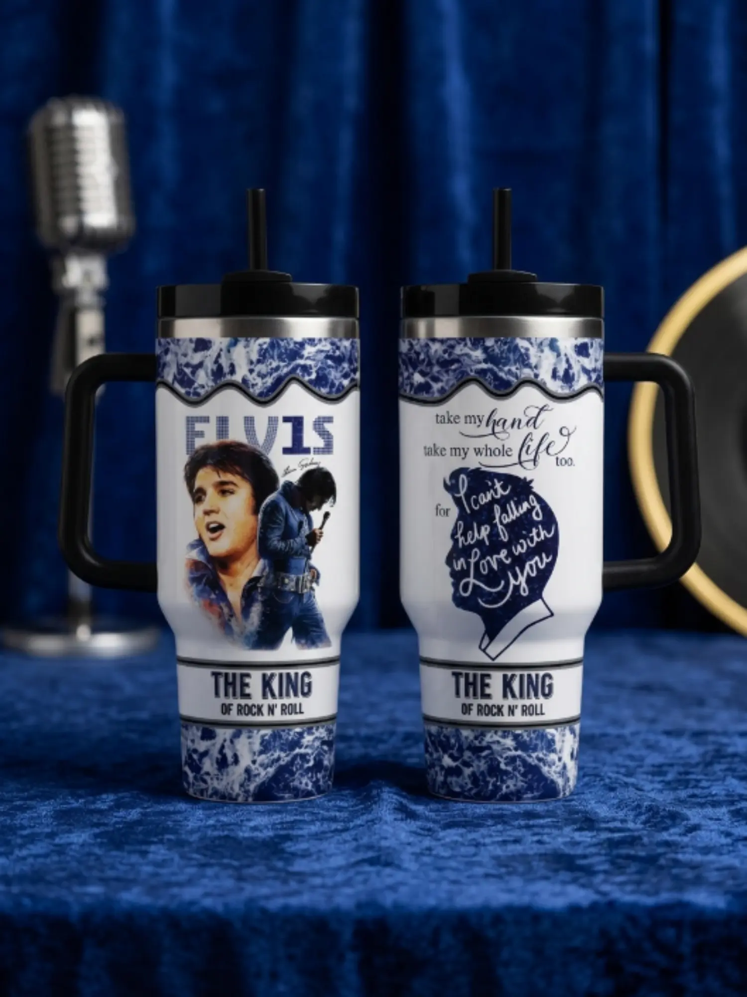 Elvis P King of Rock Tumbler 30oz 40oz with Handle, Rock Music Legend Travel Cup, Patriotic Eagle Graphic Drinkware, Handle And Straw Cup