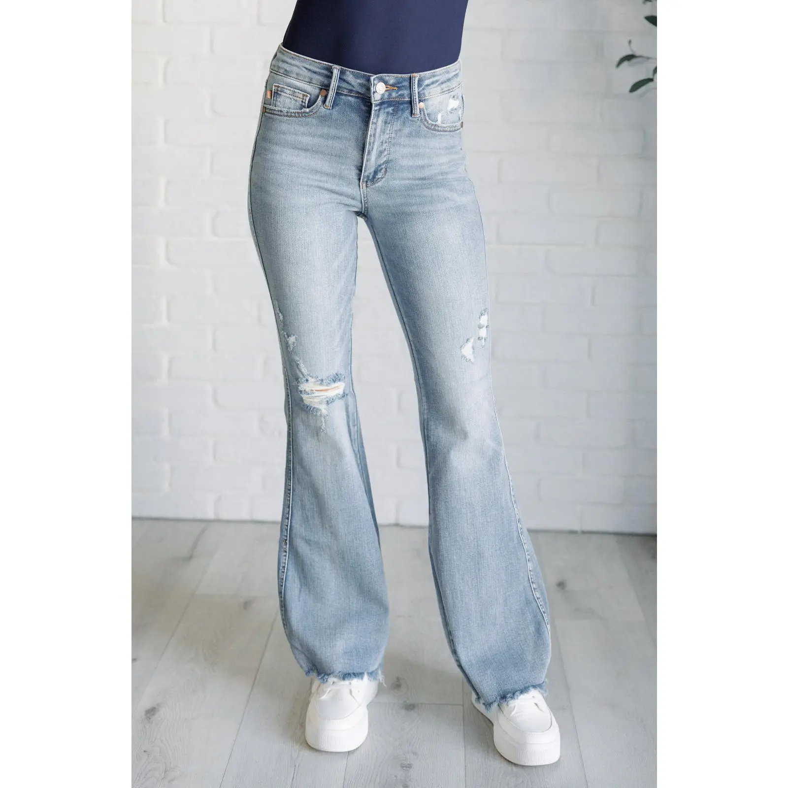 Caroline Mid Rise Control Top Distressed Flare Jeans