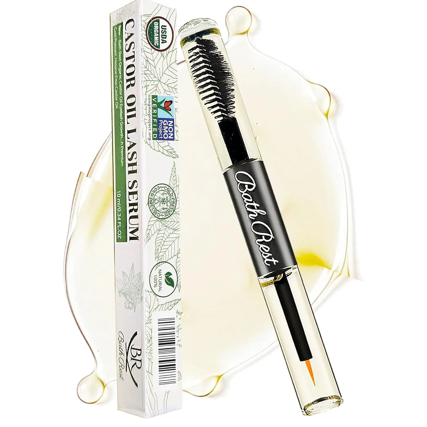 Organic Cold-Pressed Castor Oil Lash Serum for Women - USDA Certified Hexane-Free, Liquid, Incredibly Versatile Eyelash Growth Serum with Mascara Tube, 0.34 fl oz (10ml) Nourishes Skin and Nails