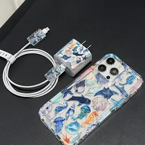 Transparent Airbag iPhone Case Set, Summer Whale Shell Seahorse Pattern, Includes Charging Cable Protector + Storage Rope, Compatible with iPhone 15 Series