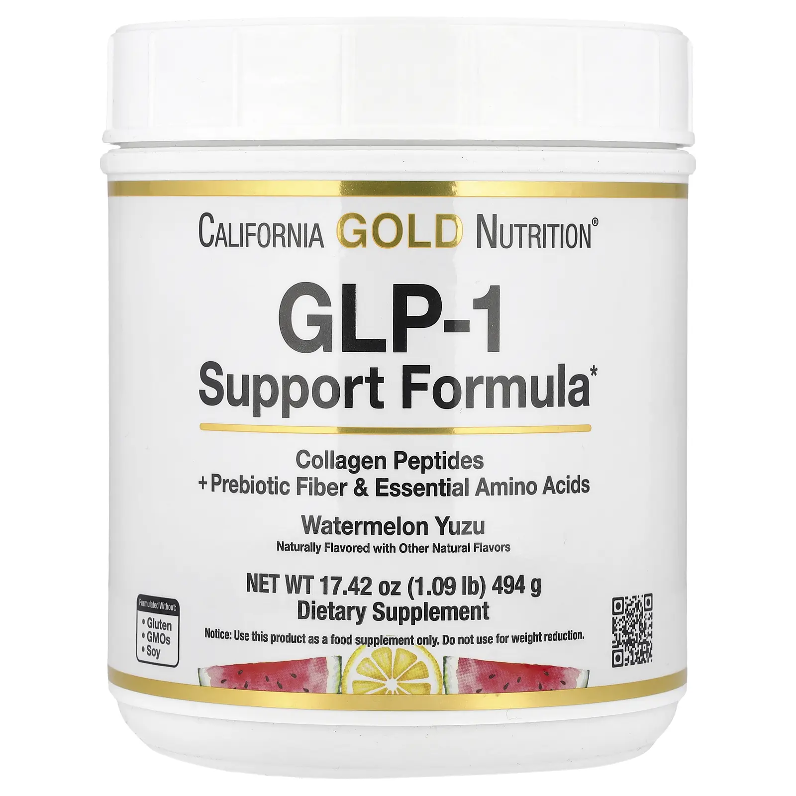 California Gold Nutrition GLP-1 Support Formula with Hydrolyzed Collagen Peptides, Prebiotic Fiber & Essential Amino Acids | Watermelon Yuzu Flavor | 1.09 lb (494 g)