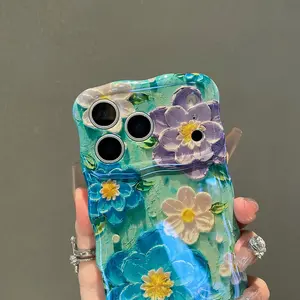 Oil Painting Floral Flower Wave Border Phone Case Cover for iPhone 17-14 Series, Artistic Aesthetic Imd Craft, Protective Anti-Drop Soft Shell, No Fading, Accessories