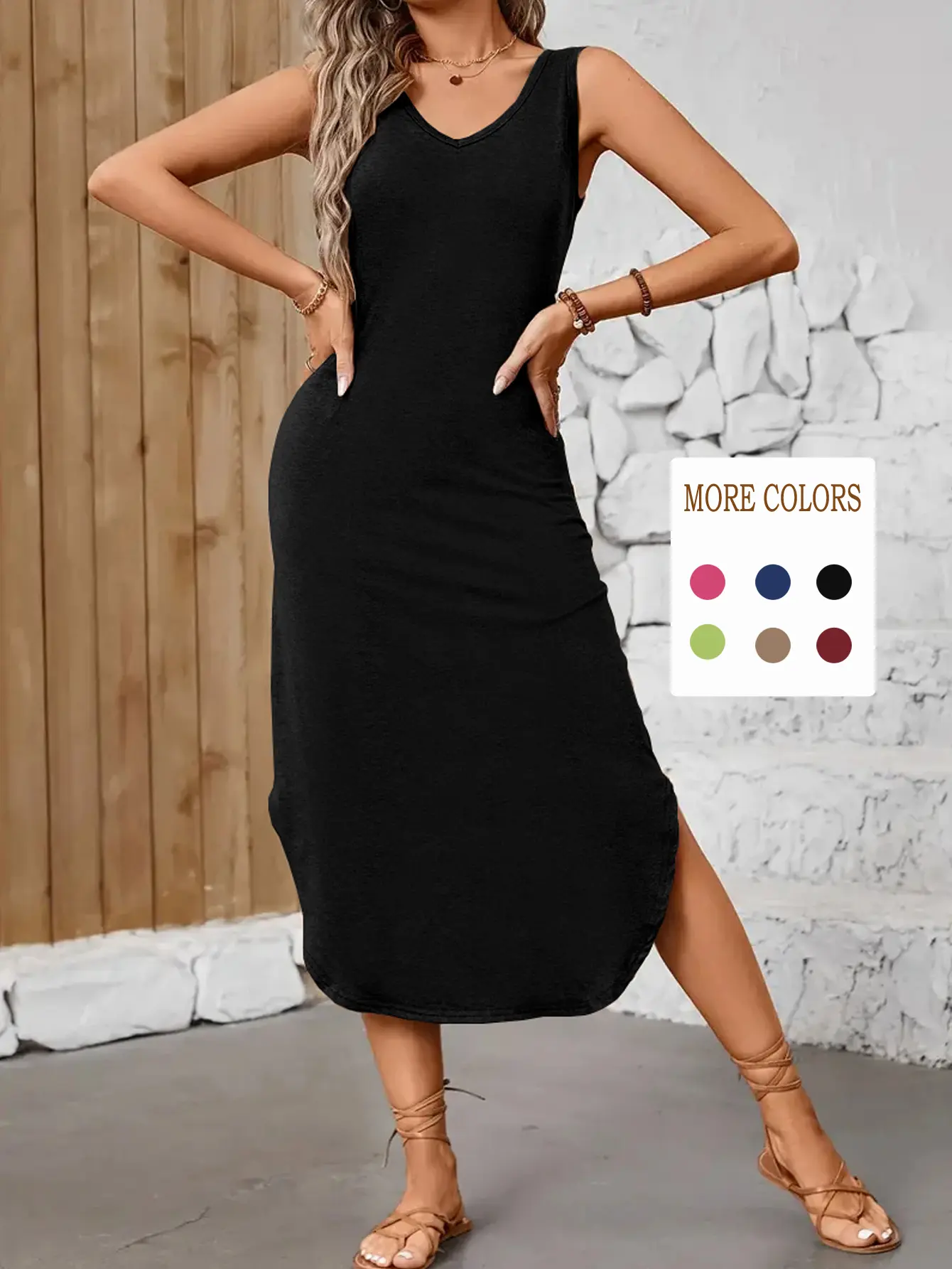 YBoutique Women's Summer Slim Fit Midi Dress | Milk Silk Brushed Knit Bodycon Dress with Side Slit