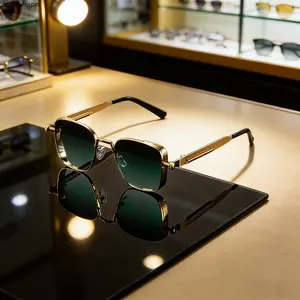 Men's Vintage Industrial Rectangular Metal Frame Sunglasses, Engraved Details & Flexible Hinges, Polarized Green Lenses with UV400 Protection, Ideal for Daily Wear, Parties, Weddings & Formal Occasions