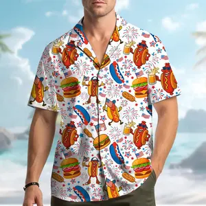 Hot Dog Burger American Flag Hawaiian Shirt For Men Women Youth, Funny Foodie Patriotic Button-Down, 4th of July Shirt Short Sleeve