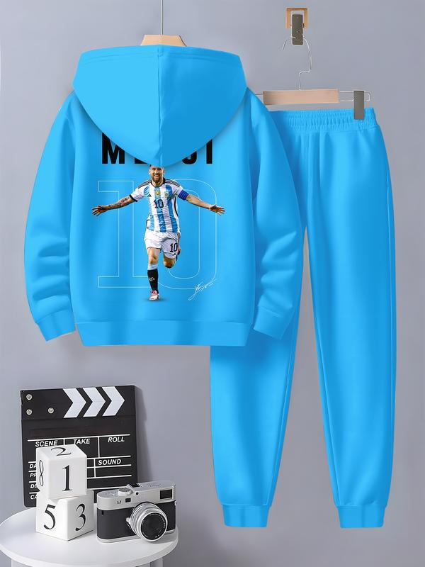 Boys' Football Theme Hoodie & Jogger Set, Casual Fitted Sportswear for Spring & Fall, Warm Comfortable School Training Daily Wear