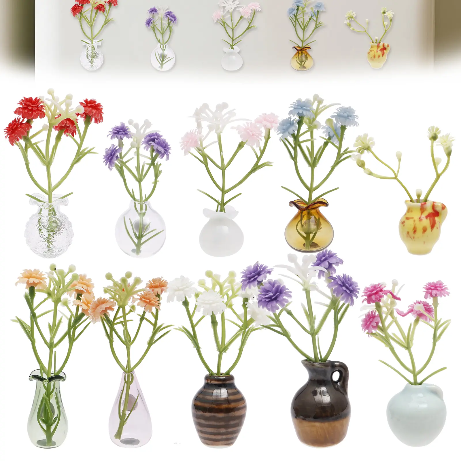 10 Pack Magnetic Mini Glass Ceramic Vase Set with 10 Flowers - Slam Proof Mini Vase Fridge Magnet, Plant Vase Refrigerator Magnet, Clear Bud Holder for Propagation, Fridge Locker Office Decor