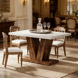 47-Inch White Rectangular Dining Table for 4 People, Heavy Duty Pedestal Base, Industrial Wood Kitchen Table for Dining Room, Kitchen, Breakfast Nook, Modern Sturdy Eating Table for Home and Small Spaces