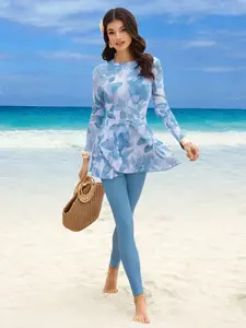 Women's Light Floral Print Bikini Set, Front Zipper Design, Long Sleeve and Pants, Beach Party Holiday, Mature Lady Swimsuit